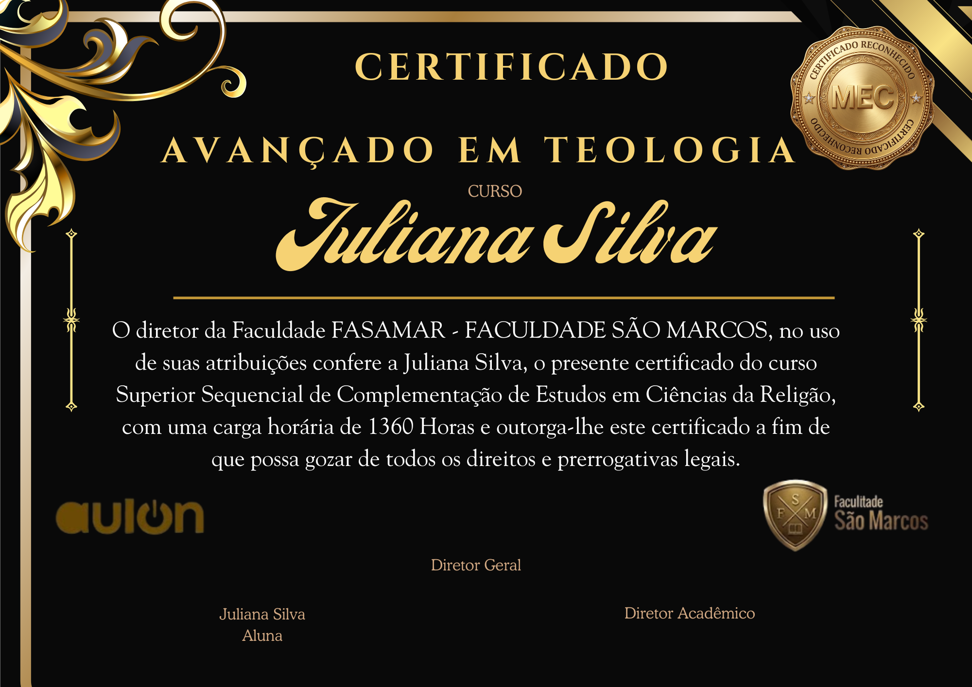 Certificado Curso Avançado em Teologia